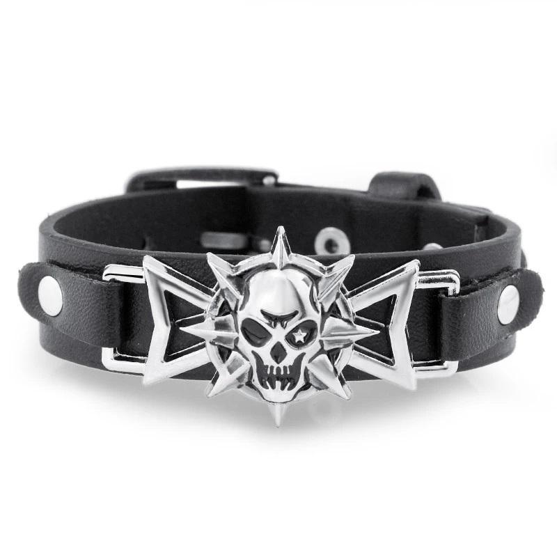 Bracelet Homme Pierre de Lave - Têtes de Mort Acier Rock Biker